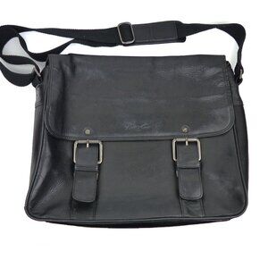 Kenneth Cole Leather Messenger Bag Black Buckles Laptop Briefcase Crossbody Prep